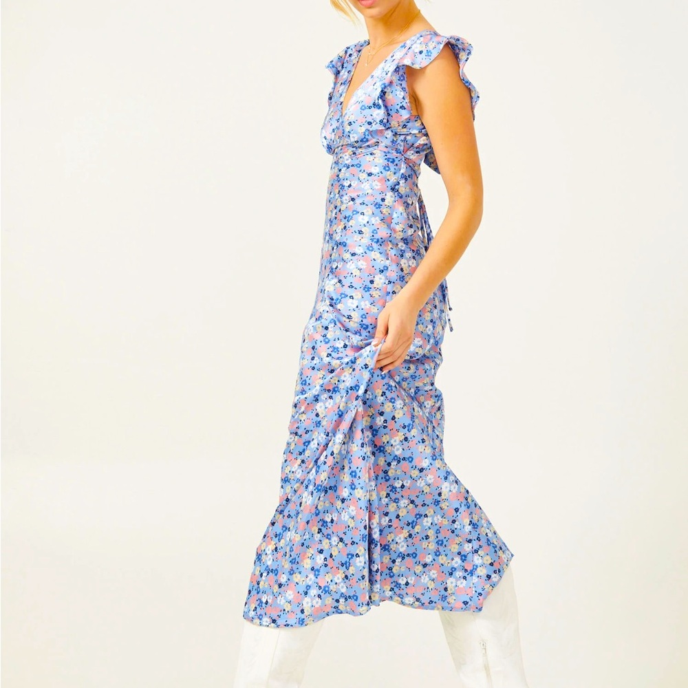 NWT Altar’d State Kaia Floral Satin V-Neck Square Back Tie Cutout Ruffle Dress